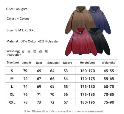ZODF Retro Men's Heavyweight Gradient Washed Hoodies Unisex Loose Distressed Holes 450gsm Knitted Hooded Pullovers HY0891