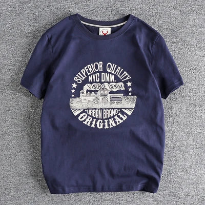 Summer American Retro Short-sleeved O-neck Locomotive Printed T-shirt Men's Fashion Simple 100% Cotton Washed Casual Sport Tops