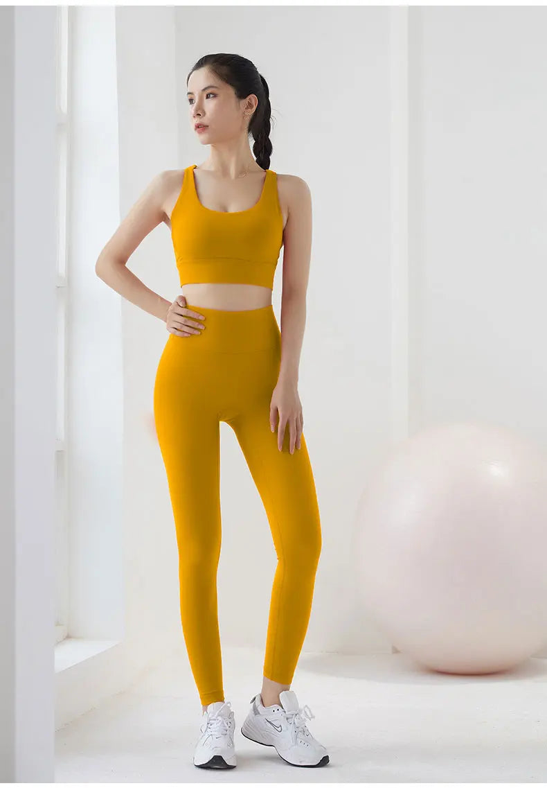 2 Piece Yoga Set Solid Color Women's High Waisted Leggings Tight-Fitting Quick-Drying Running Underwear Cross Bra Fitness Suit