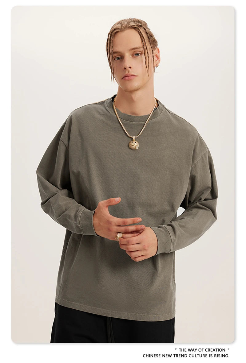 ZODF New Autumn Men's 260gsm 100% Cotton T Shirts Unisex Retro High Street Loose Washed Solid Tees Streetwears HY0376