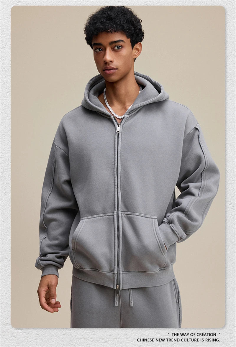 ZODF Retro 2025 Autumn Winter Unisex Zipper Fleece Hoodie 400gsm Washed Batik Warm Hooded Coat HY1084
