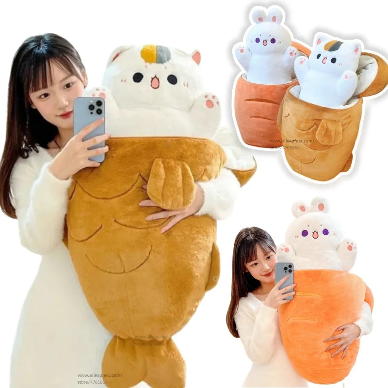 1pc Big Size Japan Taiyaki Cat Plushie Hiding in Sleeping Bag Bunny in Carrot Ferry Animals Plushie Throw Pillow For Kids Girl