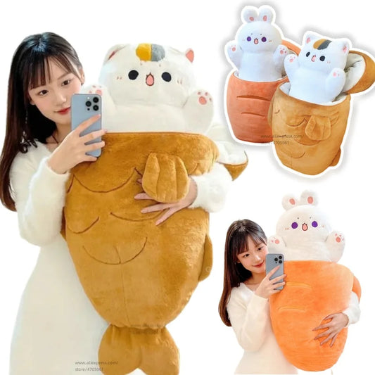 1pc Big Size Japan Taiyaki Cat Plushie Hiding in Sleeping Bag Bunny in Carrot Ferry Animals Plushie Throw Pillow For Kids Girl