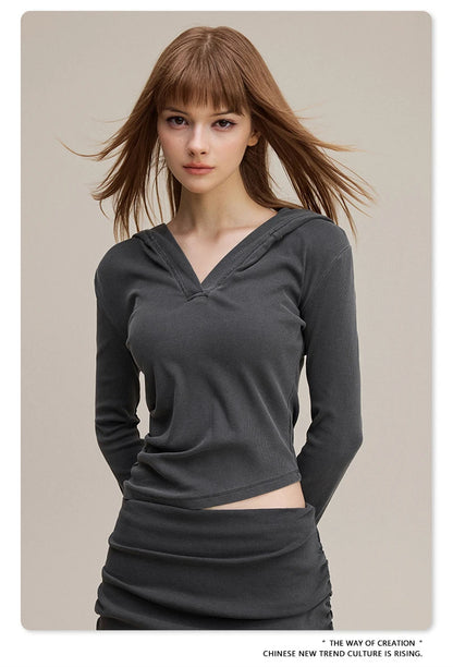 ZODF Sexy Women Autumn Washed 275gsm Hooded T Shirt Ladies Girls Slim Fit Distressed Side Pleated T-Shirts Tees HY1149