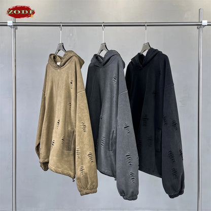 ZODF Vintage Winter Men Distressed 450gsm Hoodies Unisex High Street Ripped Holes Elastic Hem Hooded Pullovers Coat HY0932
