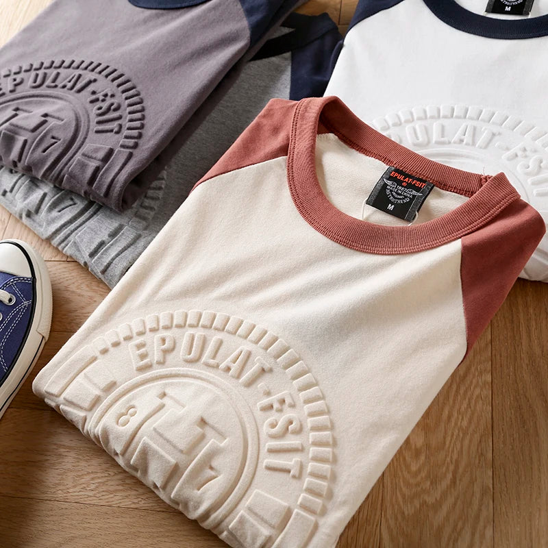 Summer New American Retro Long-sleeved O-neck 3D Letter Printed T-shirt Men's Fashion Simple 100%Cotton Washed Casual Sport Tops