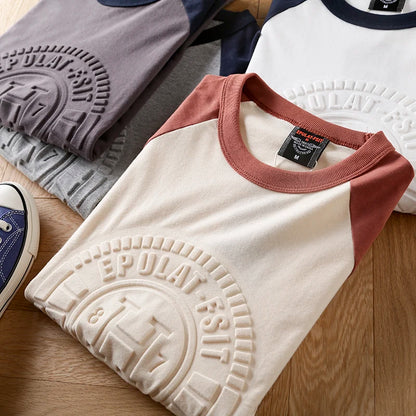 Summer New American Retro Long-sleeved O-neck 3D Letter Printed T-shirt Men's Fashion Simple 100%Cotton Washed Casual Sport Tops