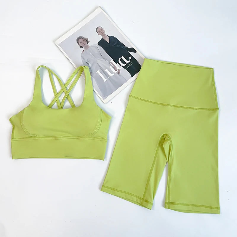 2 Pieces Yoga Shorts Gym Sports Sets Women Fitness Suits Cross Back Bra Top High Waist Shorts Running Workout Clothes Tracksuit