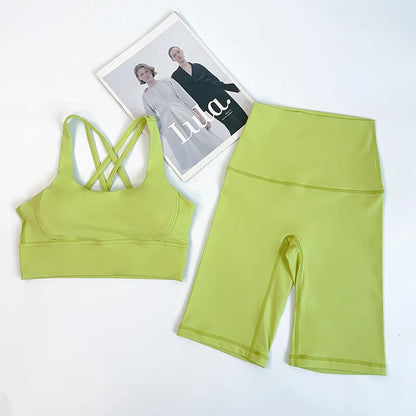 2 Pieces Yoga Shorts Gym Sports Sets Women Fitness Suits Cross Back Bra Top High Waist Shorts Running Workout Clothes Tracksuit