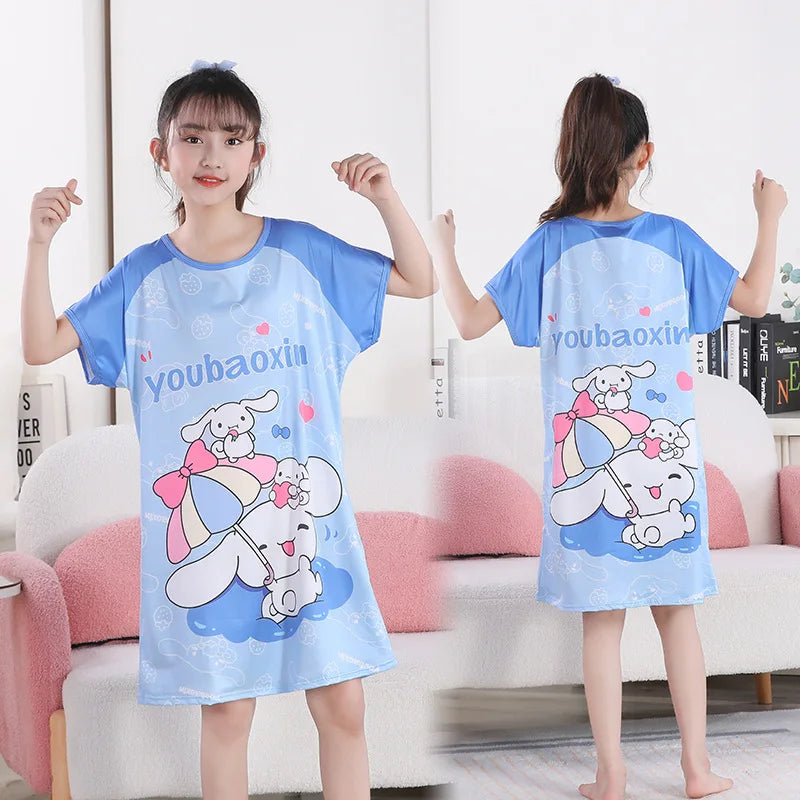 MINISO Children Home Clothing Girls Night Dress Summer Short Sleeve Disney Hello Kitty Cat Toddler Girl Pjs Nightgown Sleepwear