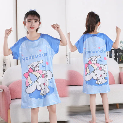 MINISO Children Home Clothing Girls Night Dress Summer Short Sleeve Disney Hello Kitty Cat Toddler Girl Pjs Nightgown Sleepwear