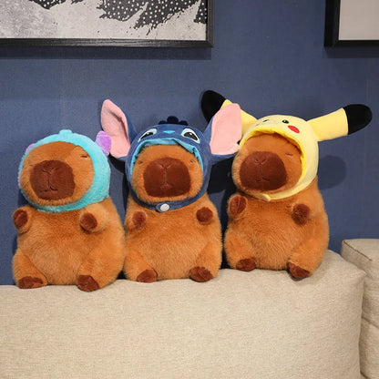Capybara Soft Doll Cute Stuffed Capibara Anime With Pikachu Stitch Kuromi Hat Toy Kawaii Plushie Xmas Gift for Girl Friend