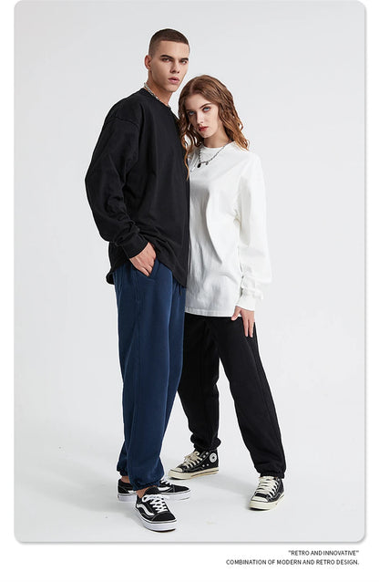 ZODF Retro Autumn Full Sleeve Washed 100% Cotton T-Shirts For Men Unisex Solid Casual Loose 310gsm Tee Brand Tops HY0405