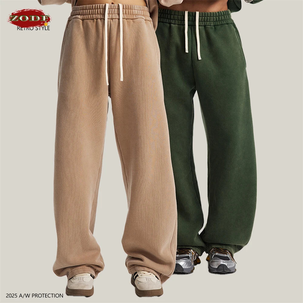 ZODF New 2025 Winter Batik Washed Man Fleece Pants Unisex High Street Distressed Thick Warm Straight Trousers Sweatpants HY1166