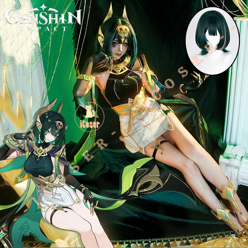 Genshin Impact Nefer Cosplay Costume Wig Dress Uniform Outfit Headwear Carnival Halloween Party for Women Girls Accessory iCoser