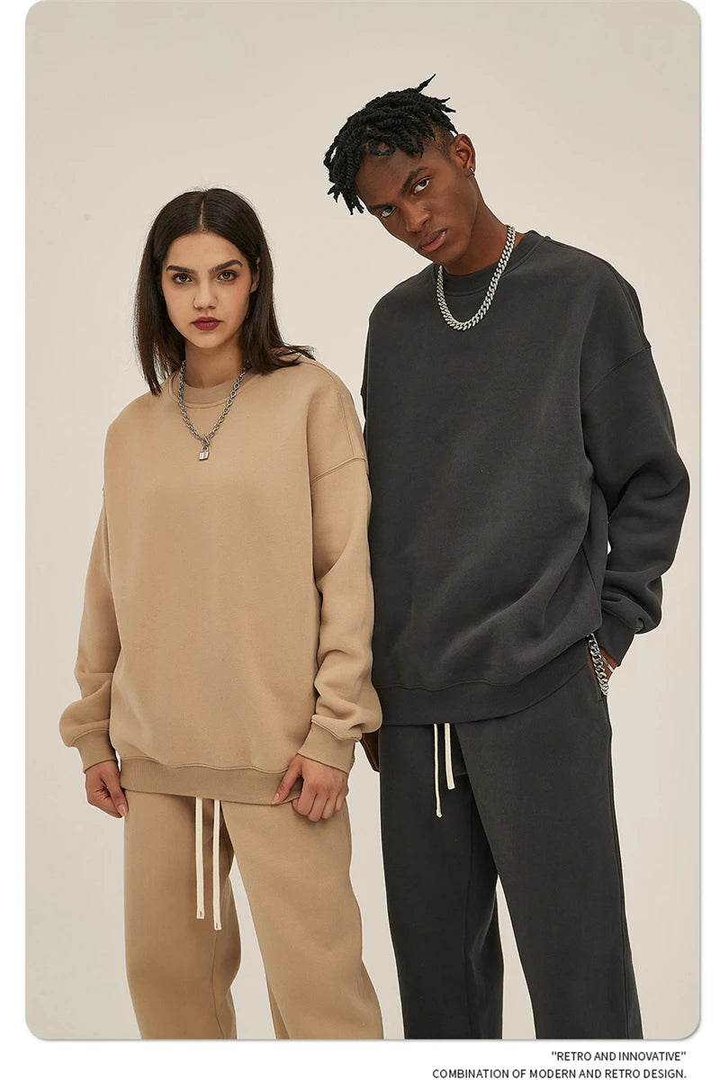 ZODF New 2025 Winter 350gsm Fleece Sweatshirts For Men Unisex Casual Loose Basic Solid O-Neck Thick Warm Pullovers HY0635