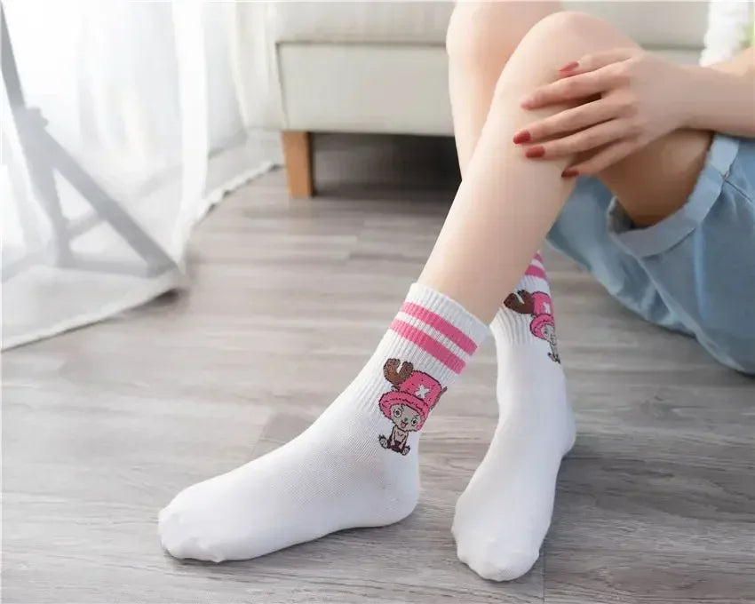 5Pair Anime One Piece Socks Cartoon Luffy Chopper Student Cotton White Long Short Boat Socks Printed Knitted Socks Children Gift