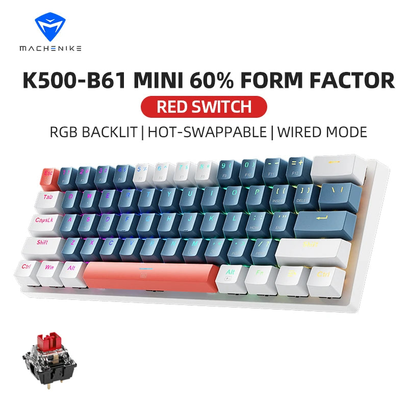 K500-B61 Machenike Mini Mechanical Keybaord 60% Form Factor 61Keys Gaming Keybaord Wired Full Key Hot-Swappable RGB Backlit