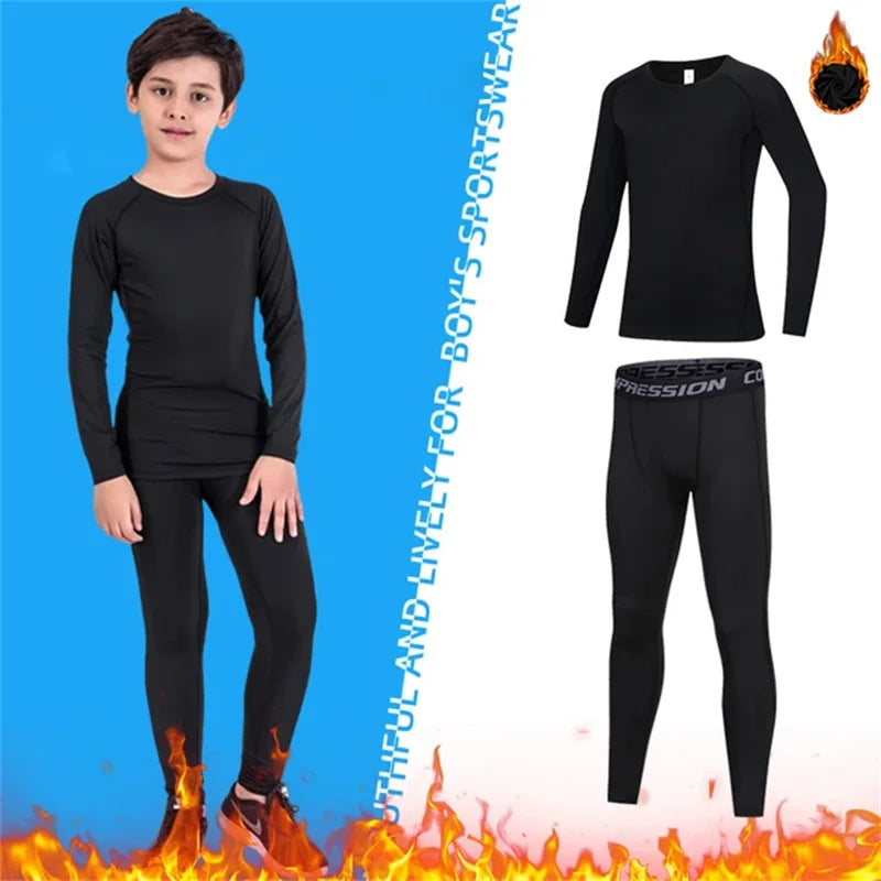 Kids Fitness Tracksuits Youth Warm Compression Pants and Tops Sportswear for Boys Running Basketball - black