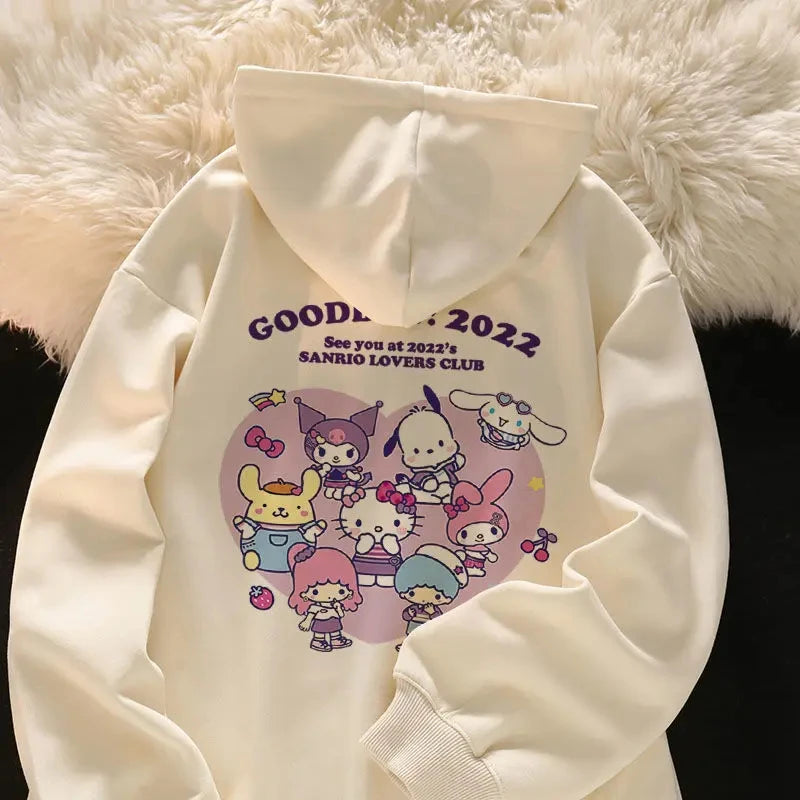 2025 New Sanrio Hello Kitty Jacket 2000s Zip Hoodie White Sweatshirt Young Women Fall Winter Kawaii Lolita Jacket Student Tops