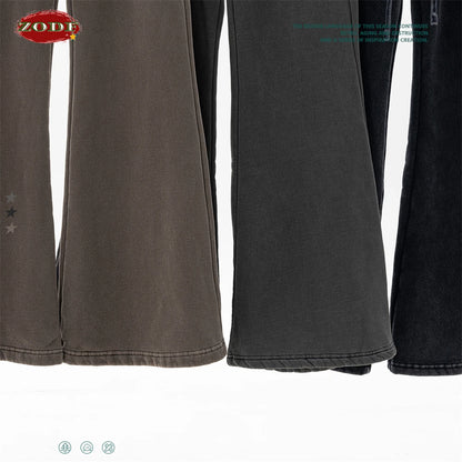 ZODF Retro Winter Women 400gsm Fleece Flared Pants Casual Girls Female Slim Fit Warm Washed Distressed Trousers HY1142
