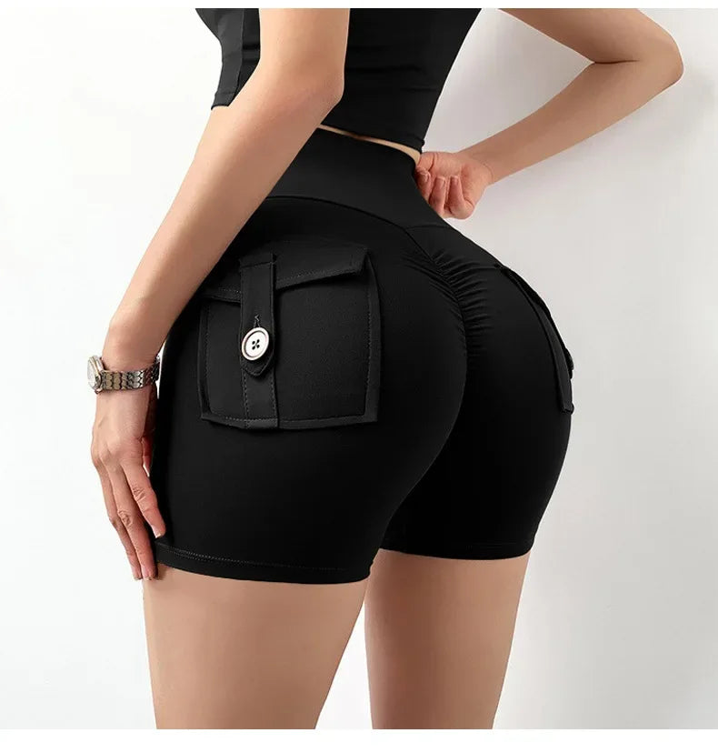 High Waist Yoga Shorts for Women with Pockets Scrunched Butt Push Up Gym Leggings Sexy Fitness Running Tights
