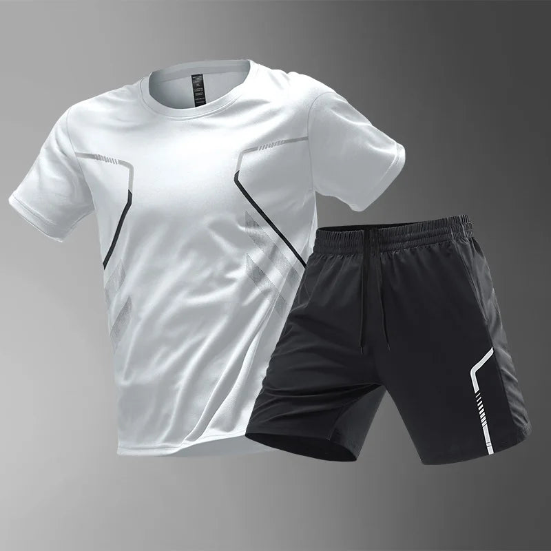 Chrlck Men’s Quick Drying Breathable Running and Hiking 2-Piece Outdoor Sports Set - White / XXXL(80-87kg)