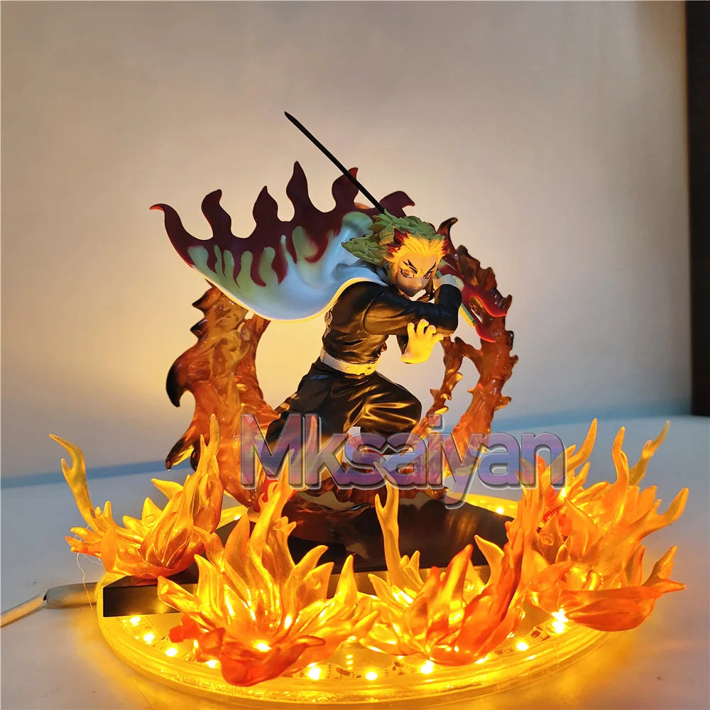 Demon Slayer Rengoku Kyoujurou Anime Figures Fire Led Scene DIY PVC Action Figure Toys Kimetsu no Yaiba Figurine Kids Doll 14cm
