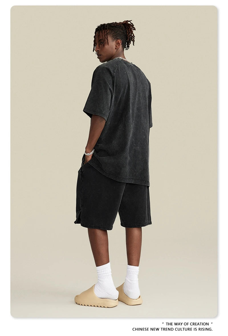 ZODF 2024 Summer Men 350gsm Washed Cotton Shorts Unisex Retro High Street Loose Side Slit Short Pants Streetwears HY0839