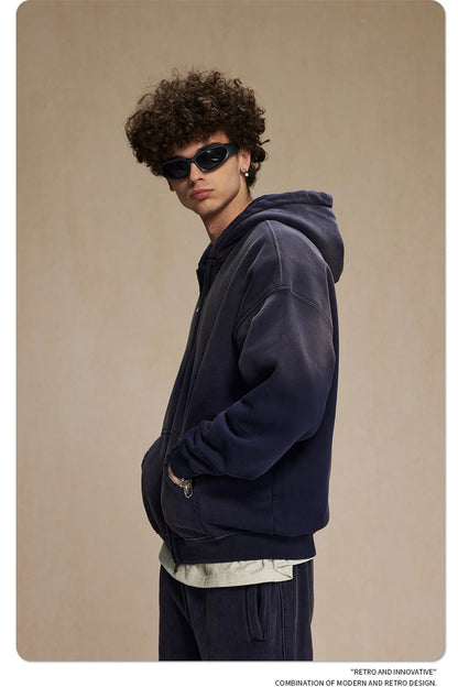 ZODF Retro Winter Men Spray-Dyed Zipper Hoodies Unisex Loose 360gsm Zipper Fleece Hooded Sweatshirt Pullovers Coats HY0719