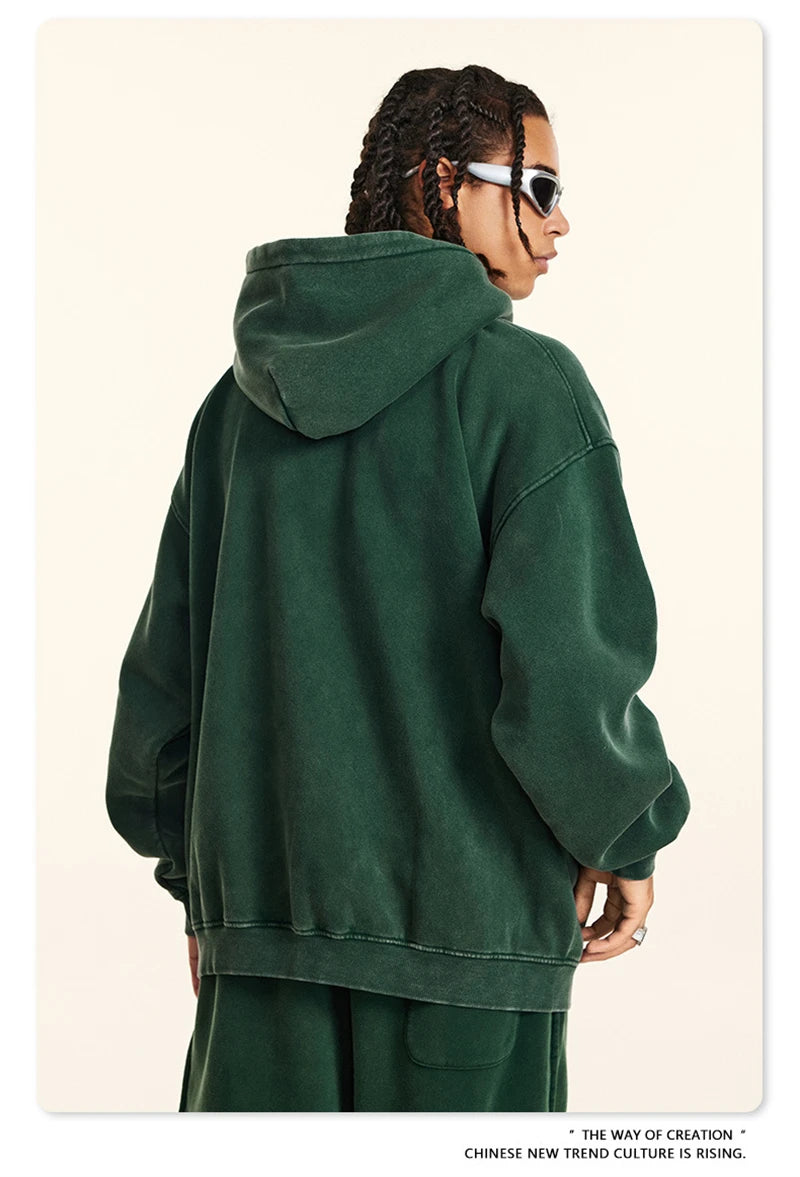 ZODF Retro Men’s Winter Washed Fleece Hoodie 360gsm Warm Knitted Loose Hooded Pullover Streetwear HY0887