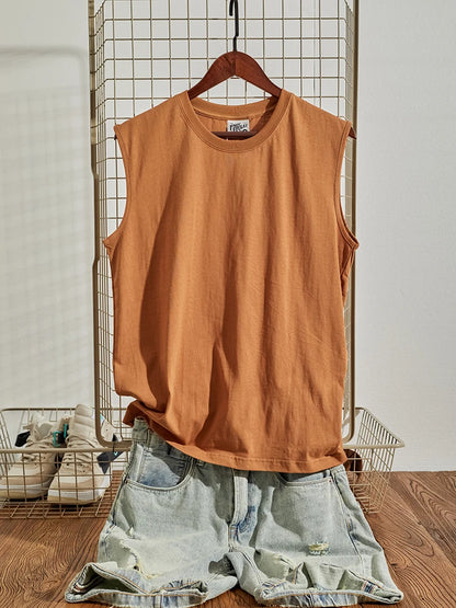 Summer New American Retro Sleeveless O-neck Soild Color T-shirt Men's Fashion 100% Cotton Washed Old Casual Sports Vest Tops