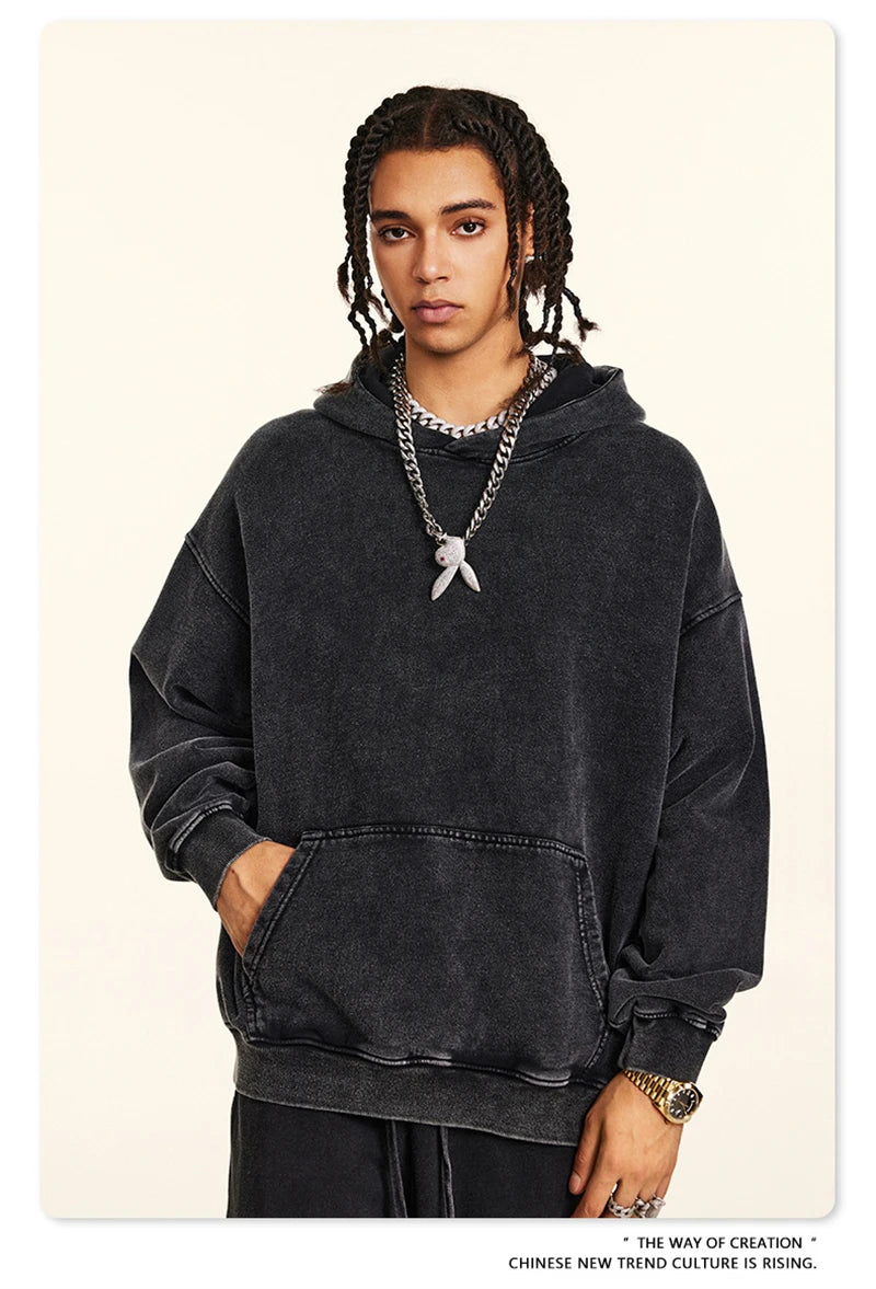 ZODF Retro Men Heavyweight Washed Cotton Hoodies Unisex Loose Thick 420gsm Hooded Sweatshirts Pullovers Coats HY0466