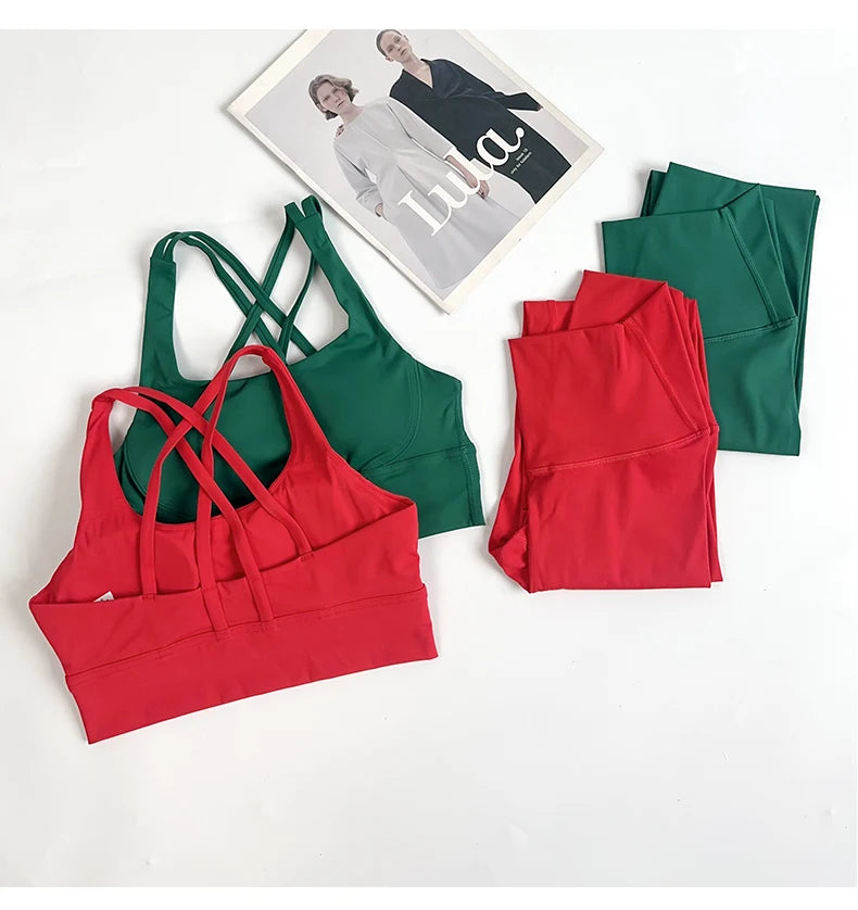 2 Pieces Yoga Set Women Gym Set Workout Clothes Sports Suits High Waist Leggings Cross Straps Fitness Bra Top Running Tracksuit