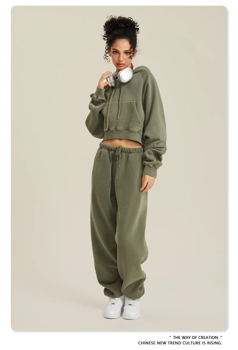 ZODF Women Hotsweet 2025 Winter Washed Fleece Crop Hoodies Girls Oversized Raglan Sleeve 400gsm Hooded Pullovers HY0648