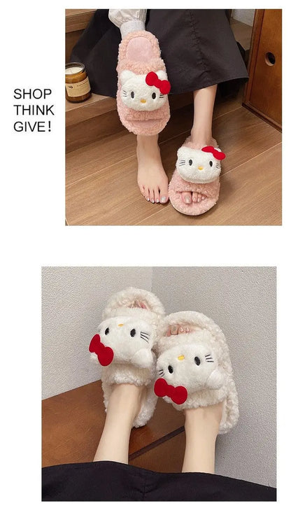 New Sanrio Sweet Hello Kitty Warm Cotton Slippers For Student Dormitory Comfortable One Word Hairy Adult Cotton Slippers