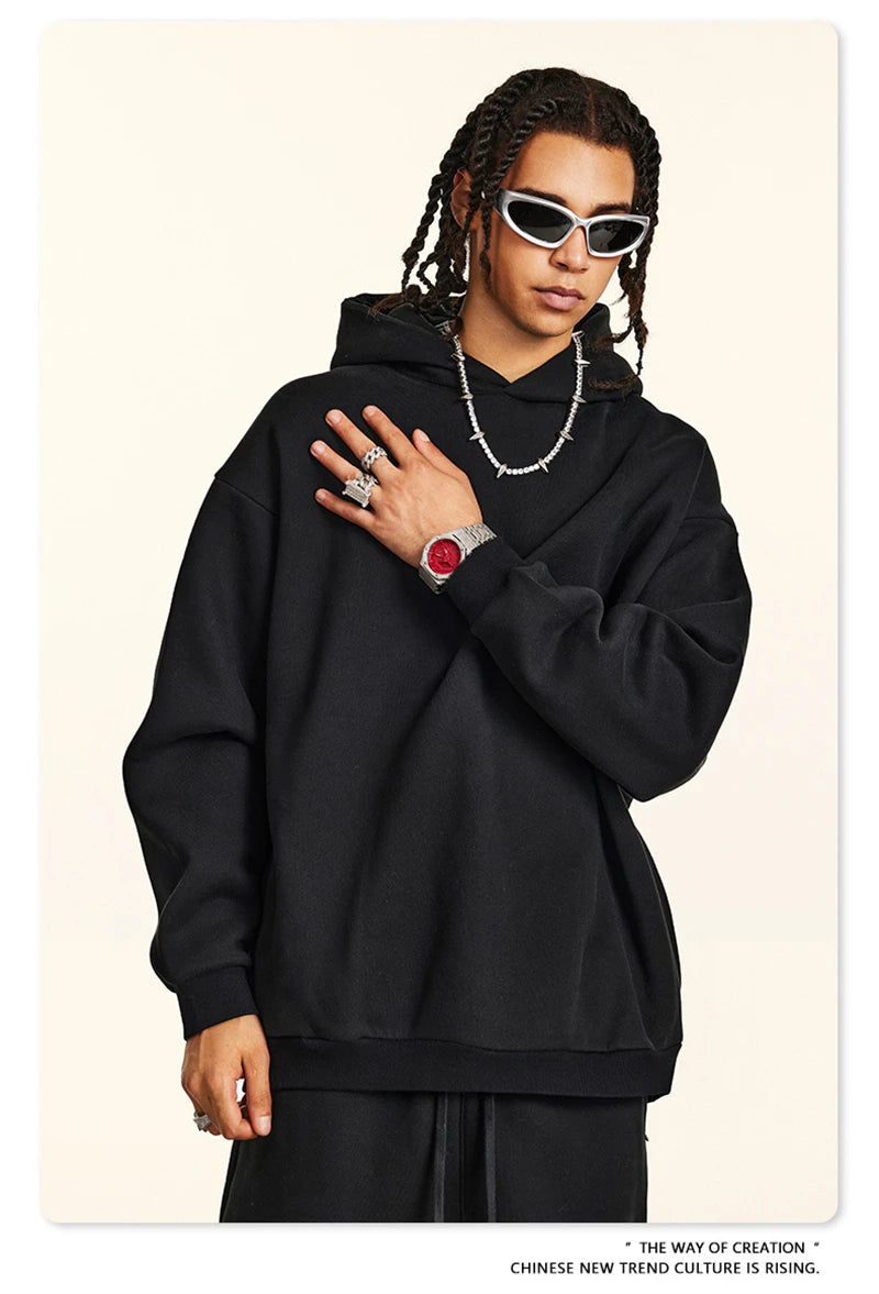 ZODF New Winter Men Solid Fleece Hoodies Unisex Women 345gsm Loose Warm Side Zipper Pocket Hooded Pullovers Brand Clothes HY0867