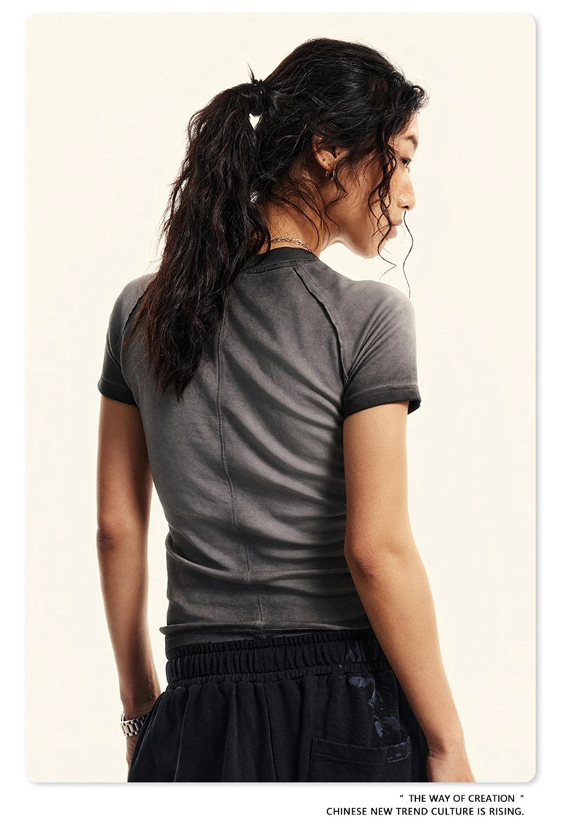 ZODF 2024 Summer Hotweet Washed T Shirt For Women Girls Gradient Raglan Sleeve Comfortable Short Tees Brand Tees HY0826