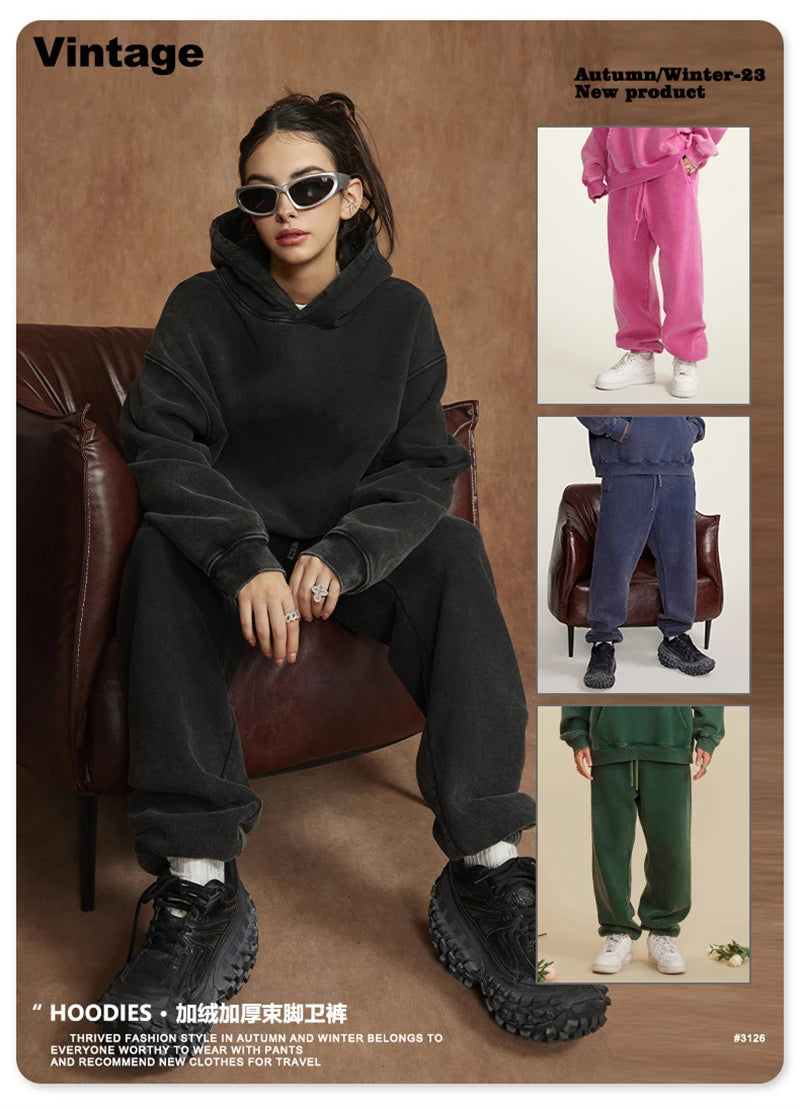 ZODF Winter Men Washed Thick Fleece 400gsm Loose Fit Joggers Sweatpants Streetwear HY0668