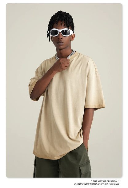 ZODF 2023 Men's Summer 255G Wash Gradient Fried Cotton T Shirt Round Neck Short Sleeve American Retro Loose T-Shirt HY0547