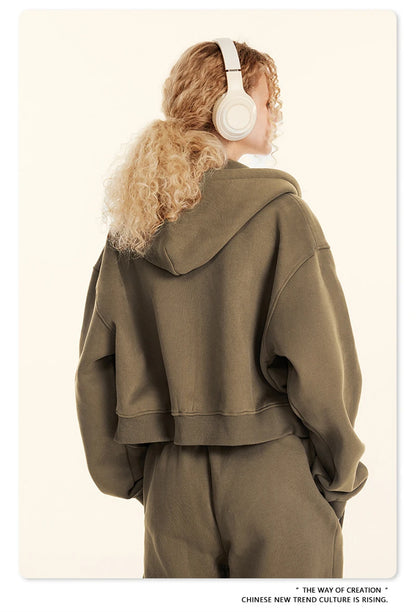 ZODF 2024 Winter Women Zipper Crop Hoodies Female Girls Solid 345gsm Warm Fleece Short Hooded Zip-Up Coat HY0911