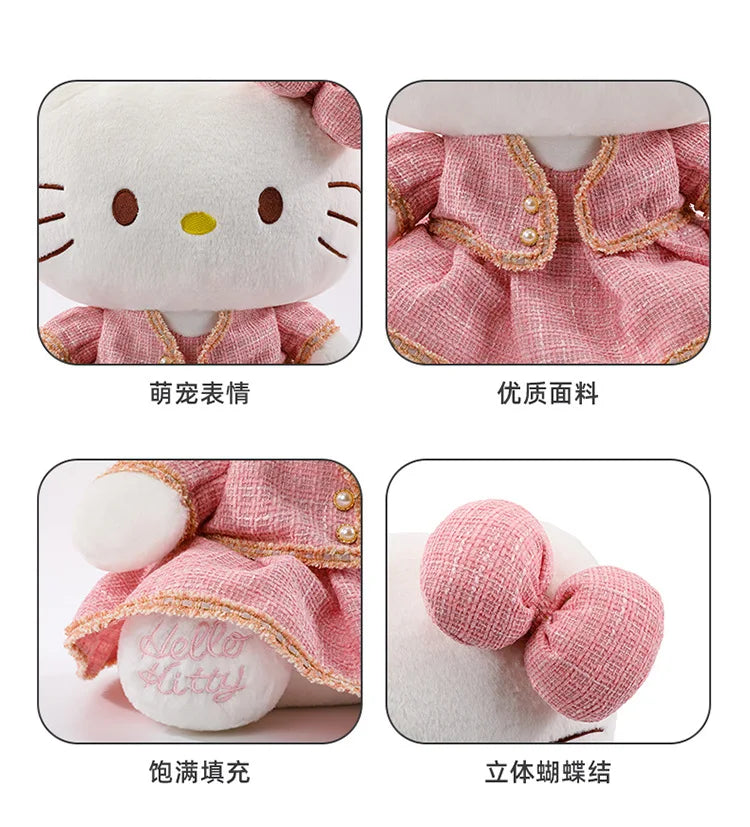 Sanrio Plush Cat Stuffed Animal Doll Large Checkered Skirt Kawaii Pillow Toy for Kids Birthday Christmas Gift for Girls Bedtime