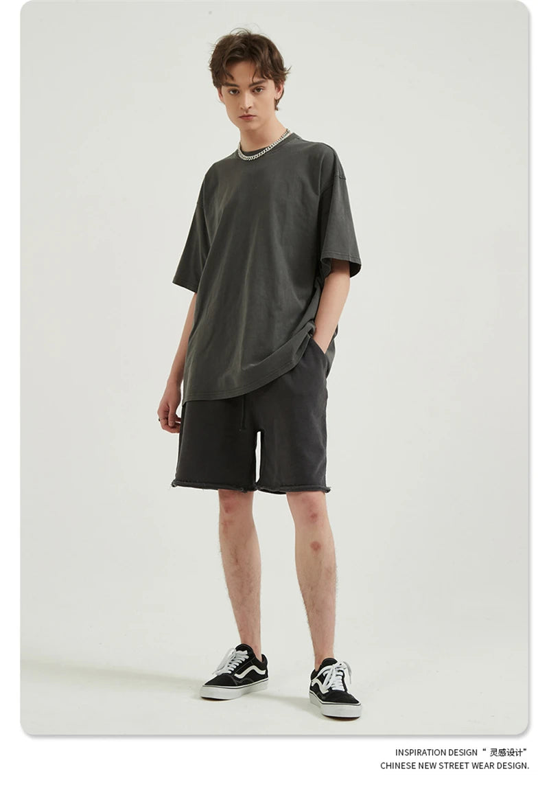 ZODF Men 2024 Retro Summer Washed Solid Cotton T-Shirts Unisex Retro Loose High Street 250gsm Basic Tees Streerwears HY0075