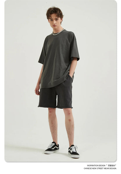 ZODF Men 2024 Retro Summer Washed Solid Cotton T-Shirts Unisex Retro Loose High Street 250gsm Basic Tees Streerwears HY0075