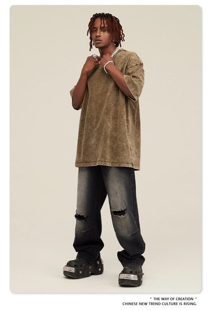 ZODF New Summer Men Washed Batik Cotton T Shirts Unisex American Retro High Street 270gsm Short Sleeve Tees Streetwear HY0489