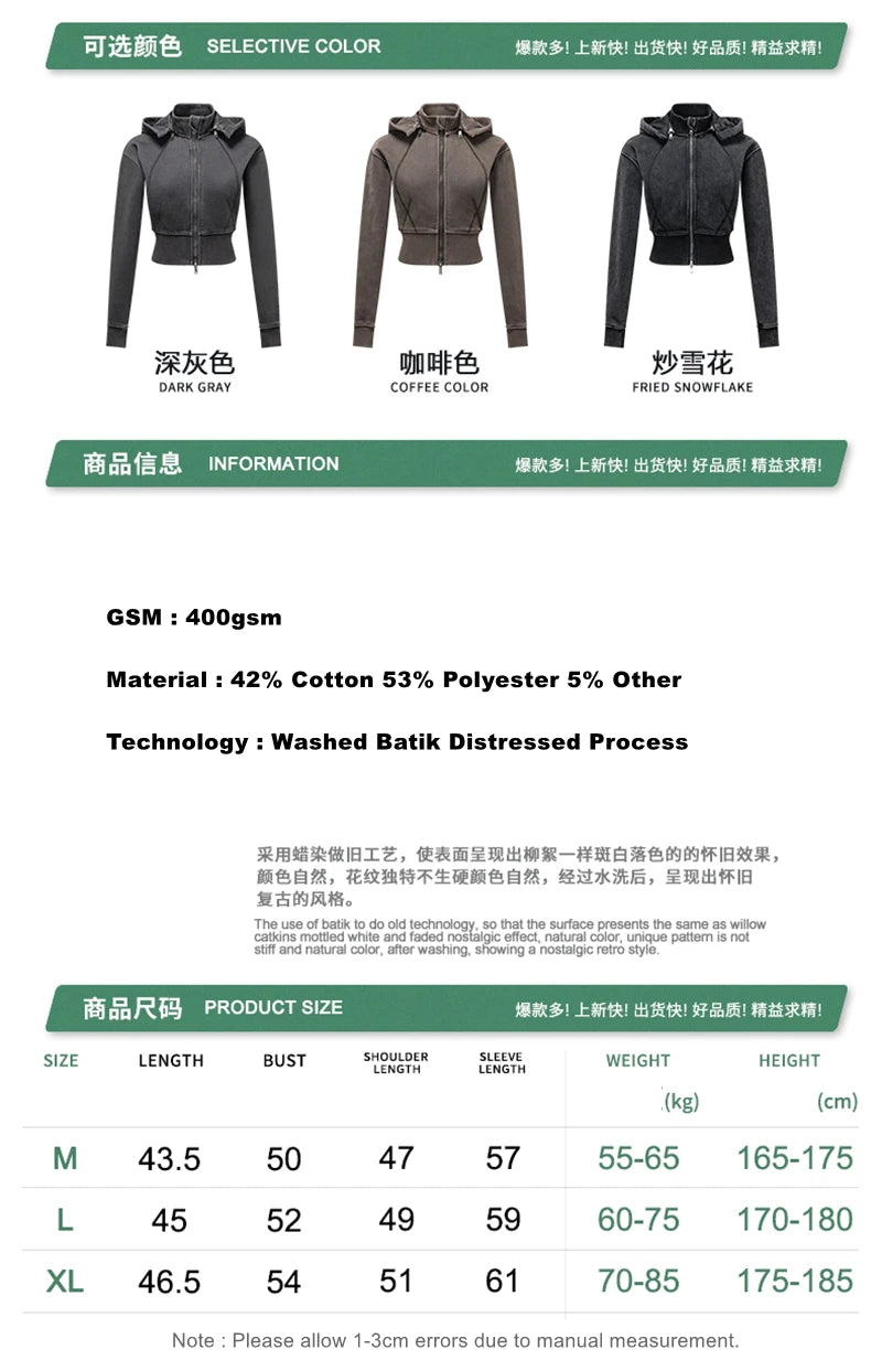 ZODF Vintage 2025 Winter Batik Washed Crop Hoodies Female Girls Remove Hood Heavy Weight Sport 400gsm Hooded Coat HY1085