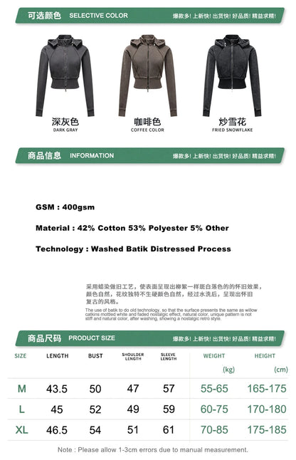 ZODF Vintage 2025 Winter Batik Washed Crop Hoodies Female Girls Remove Hood Heavy Weight Sport 400gsm Hooded Coat HY1085