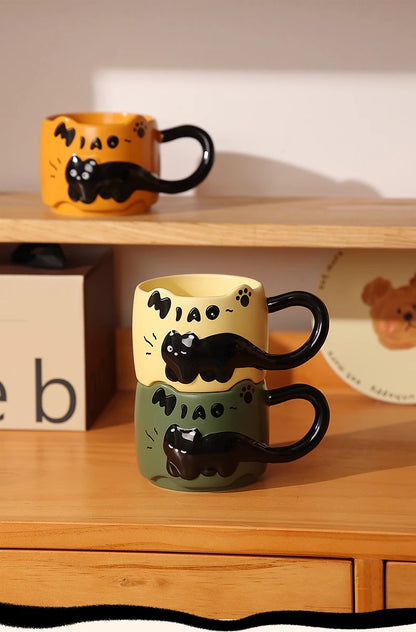 Cat Stacking Mug Creative Cute Cartoon Cat Ceramic Coffee Cup Fun Cat Tail Integrated Handle Cup Couple Water Cup Birthday Gift