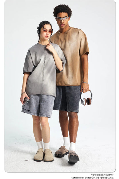 ZODF Retro Summer Men Washed 100% Cotton T-Shirts Unisex High Street Oversized Distressed Broken Neck T Shirt Brand Tees HY1050