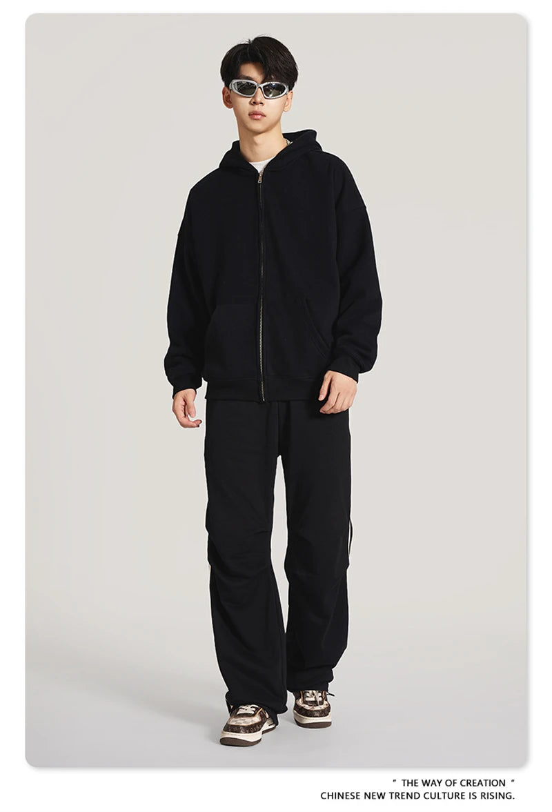 ZODF New Winter Men Zipper Fleece Hoodies Unisex Loose Heavy Weight Thick Warm Basic 420gsm Hooded Coats Hoodie HY0747